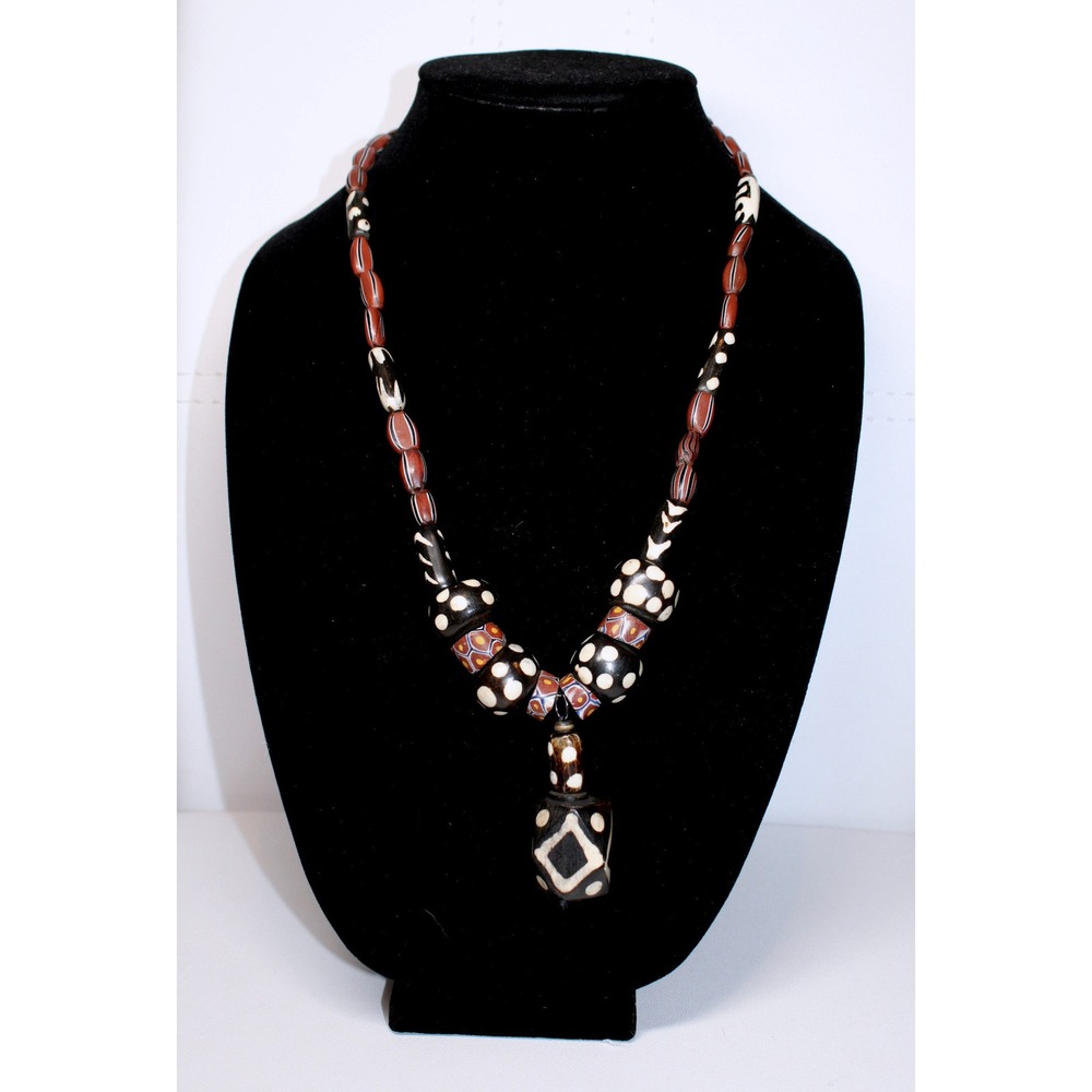 handcrafted Nigerian Trade Bead Necklace 24" black white red custom copper clasp